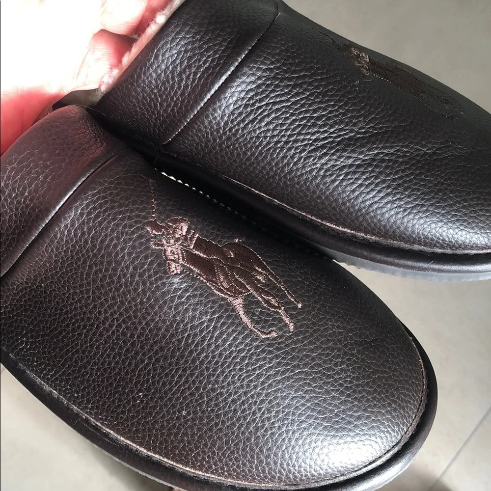 Polo by Ralph Lauren Dark Brown Leather  Big Pony Slip-On Slippers used 11/12